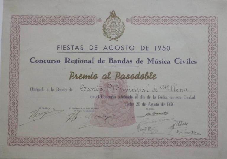 Diploma premio al pasodoble 1950